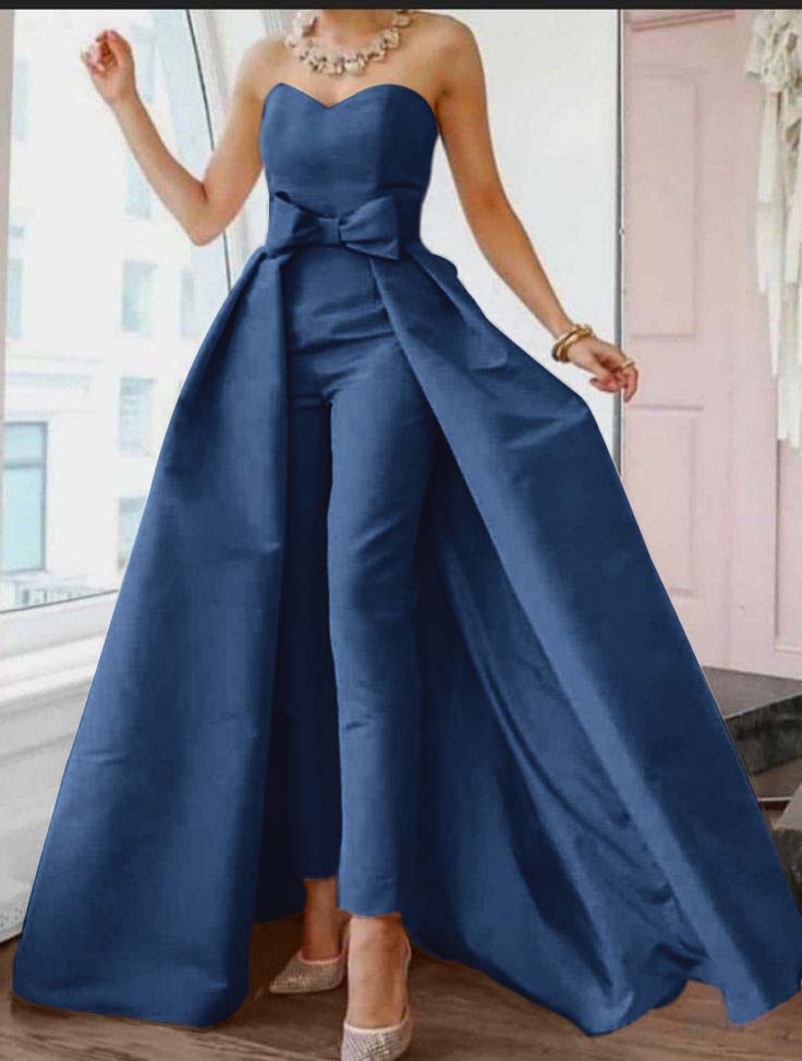 Okdais Pink Jumpsuits Evening Dresses Formal Occasion Dresses Back Sexy Engagement Sweetheart Sleeveless Detachable Bow JP0025