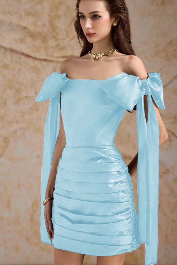 Off the Shoulder Sleeveless Short Homecoming Dress With Bowknot Pleated HC0188