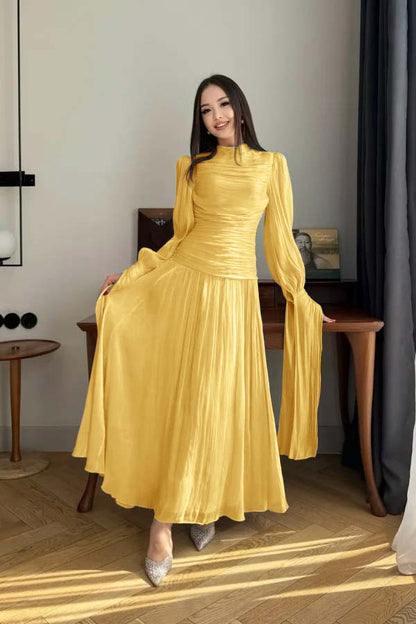 Playful Blue High-Neck Prom Dress Long Sleeves Pleated Floor Length CY0252
