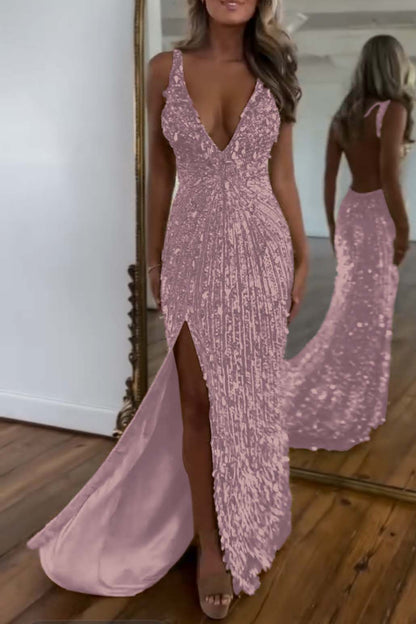 Charming Gold Sequins Spaghetti Strap Sleeveless V Neck Long Prom Dress with Split | Zelldresses