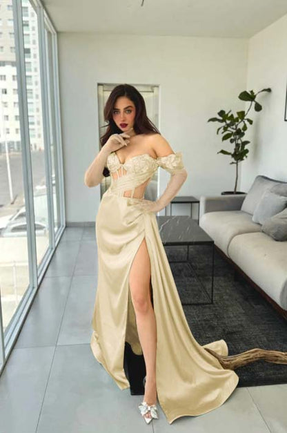 Beautiful Green Satin Off the Shoulder Strapless Long Split Prom Dress with Applique | Zelldresses