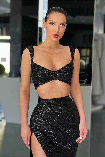 Black Two Pieces Mermaid Straps Split Prom Dress with Sequins ED0039