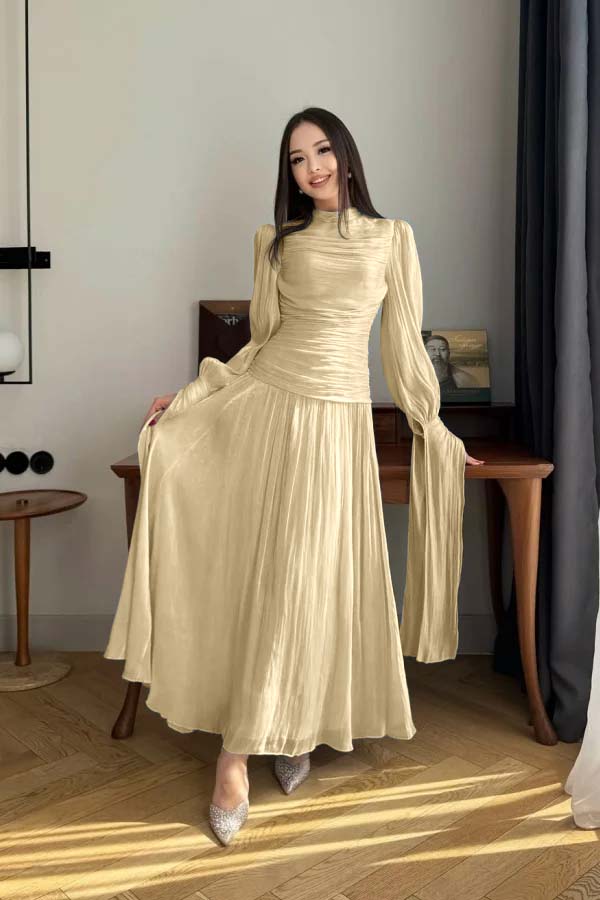 Playful Blue High-Neck Prom Dress Long Sleeves Pleated Floor Length CY0252