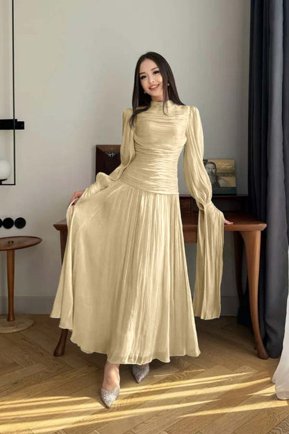 Playful Blue High-Neck Prom Dress Long Sleeves Pleated Floor Length CY0252