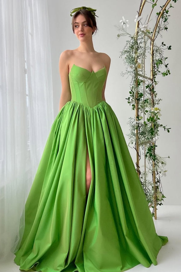 Elegant Green Satin Strapless Sleeveless Split Prom Dress with Pleated | Zelldresses
