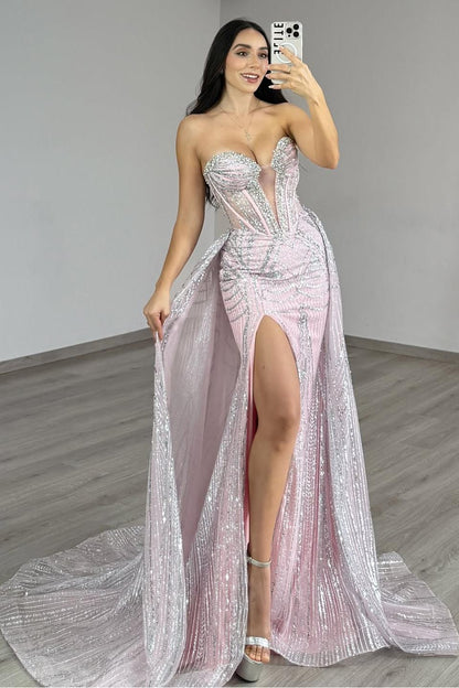 Charming Sweetheart Sequins Sleeveless Split Prom Dress with Train | Zelldresses