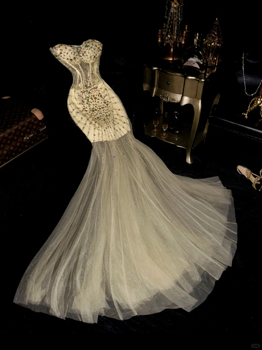 Shiny Mermaid Sweetheart Neck Corset Beaded Sequin Tulle Long Prom Dress Party Dress SH3067