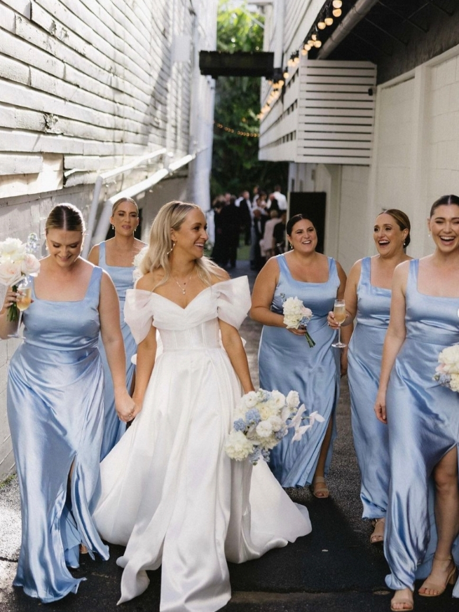 Gentle Sheath Strap Blue Satin Long Bridesmaid Dress Evening Dress with Slit SH2835