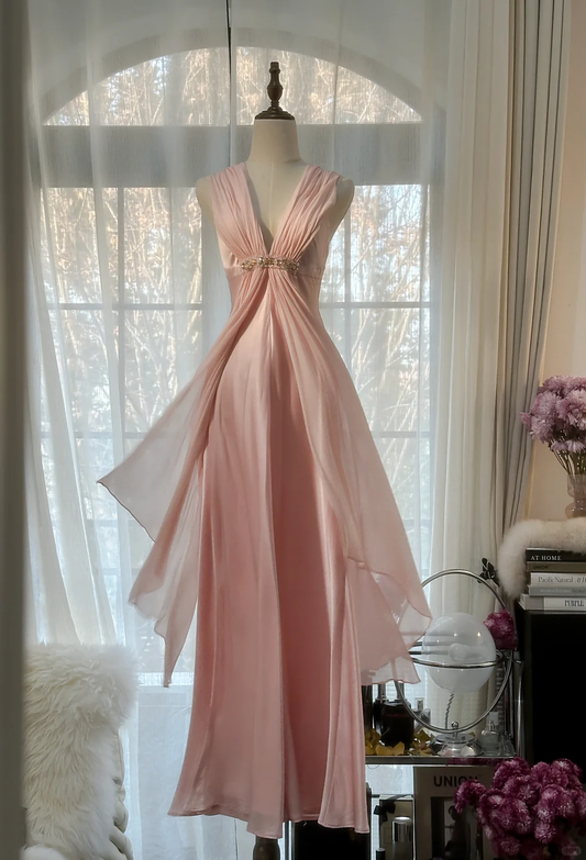 Classy A Line V Neck Beaded Pink Chiffon Satin Long Party Dress Evening Dress SH2937