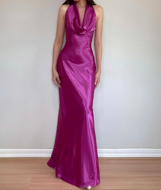Classy Halter Hot Pink Satin Mermaid Bridesmaid Dress Long Wedding Guest Dress D1470