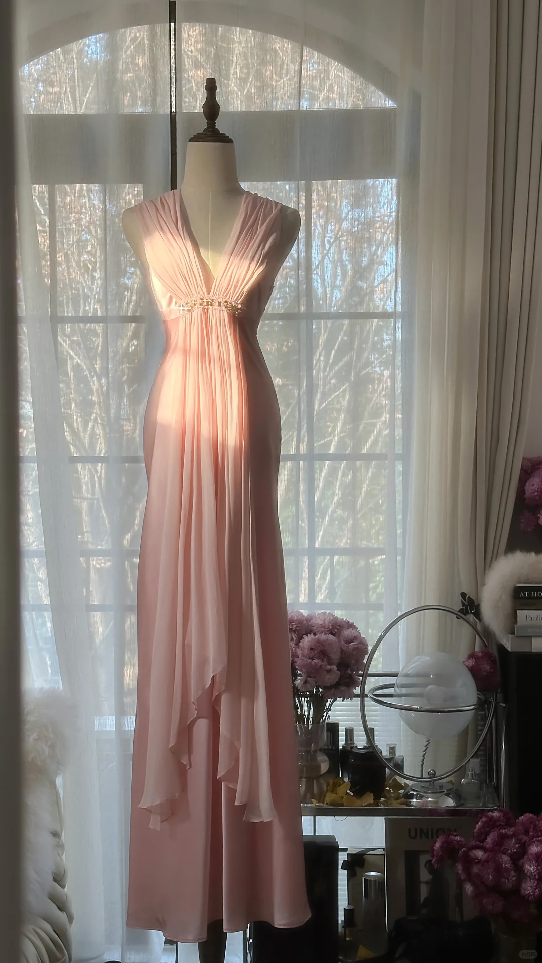 Classy A Line V Neck Beaded Pink Chiffon Satin Long Party Dress Evening Dress SH2937