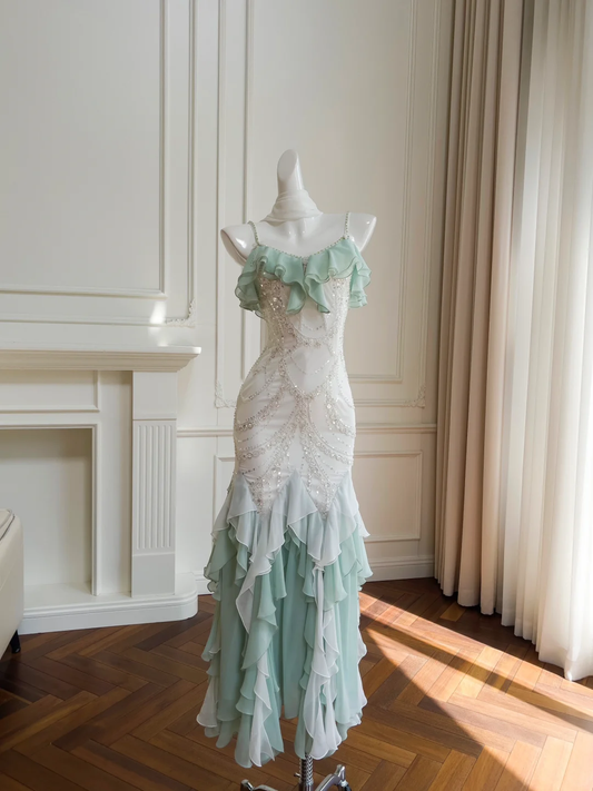 Stunning Mermaid Spaghetti Strap Beaded Ruffle Green White Chiffon Prom Dress Evening Dress SH3011