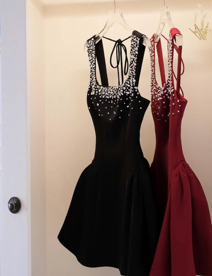 Cute A Line Strap RhineStone Burgundy Satin Short Party Dress Homecoming Dress SH2820