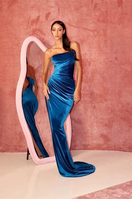 Charming Royal Blue Velvet Sleeveless Strapless Beaded Long Split Prom Dress with Pleated | Zelldresses