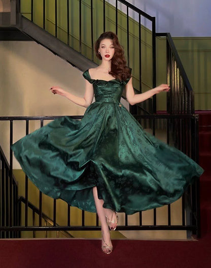 Charming A Line Strap Print Flower Green Satin Long Evening Dress Party Dress SH2709