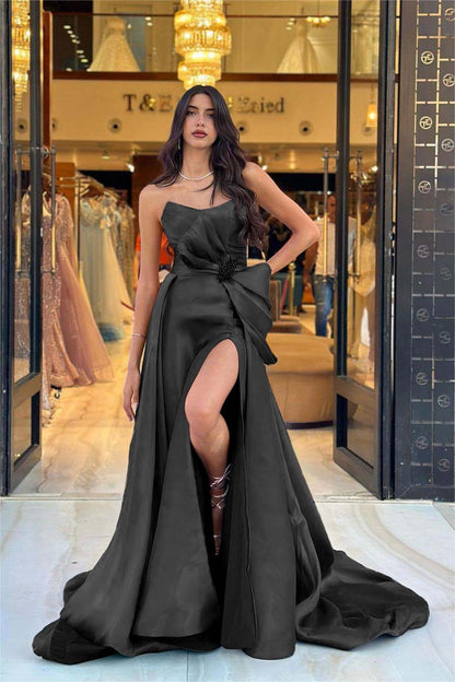 Hellodresses Chic Navy Blue Strapless Sleeveless Long Split Prom Dress With Bowknot