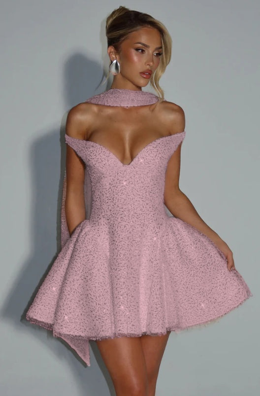 Shinning Pink Off-the-Shoulder Homecoming Dress Mini with Sequins CY0152