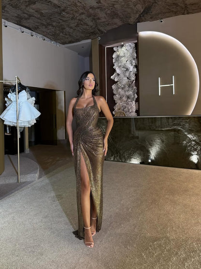 Chic Brown Sequins Halter Sleeveless Split Prom Dress with Pleated | Zelldresses