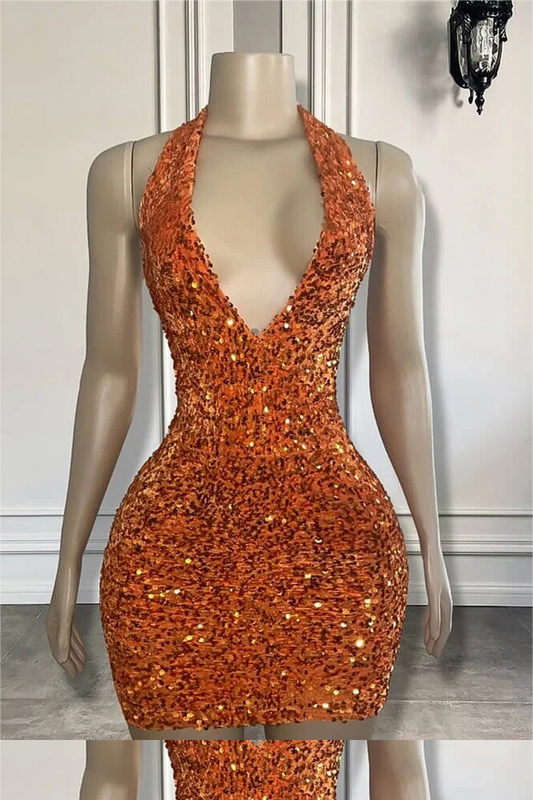 Shining Bright Orange Sequins Sleeveless Halter Short Homecoming Dress with Pleated