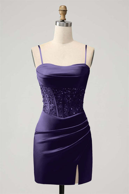 Sage Green Satin Spaghetti Strap Pleated Split Homecoming Dress with Beadings HC0030