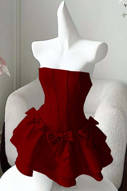 Strapless Sleeveless Short Homecoming Dress With Bowknot Ruffles HC0178