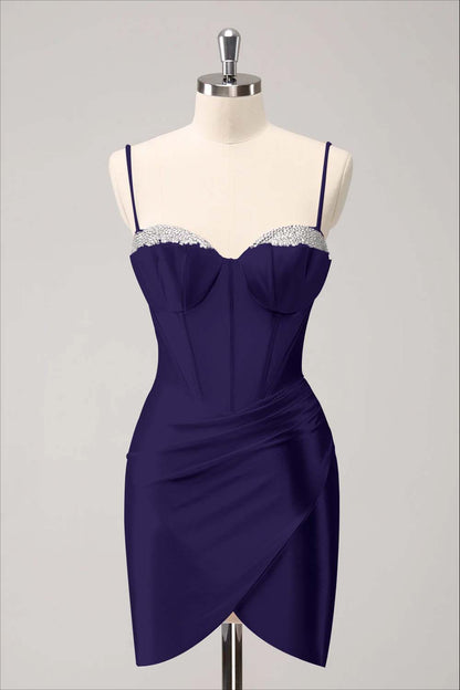 Hellodresses Pink Spaghetti Strap Sleeveless Pleated Short Homecoming Dress With Sequins