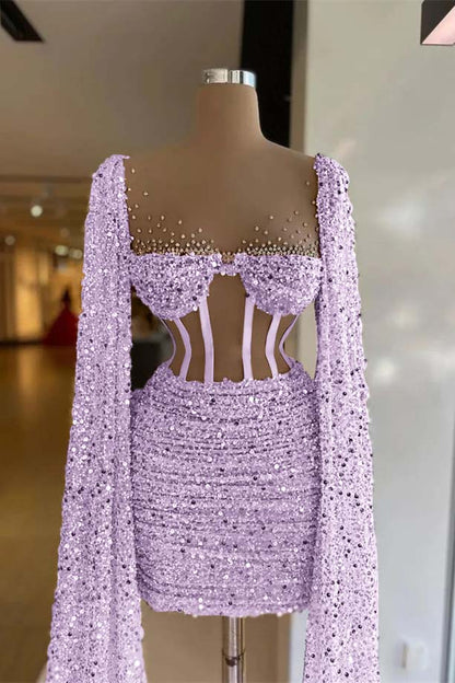 Hellodresses Sequins Square Long Sleeves Pleated Short Homecoming Dress With Beadings