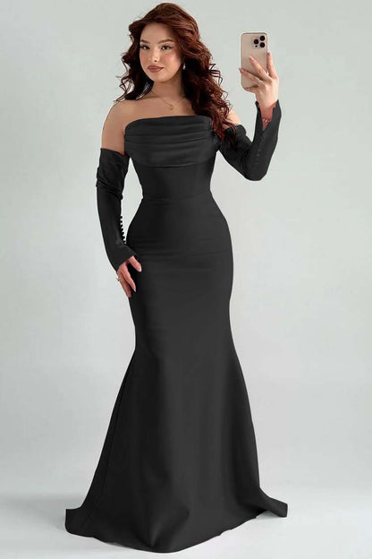 Strapless Long Sleeves Long Mermaid Prom Dress With Pleated XJ0765
