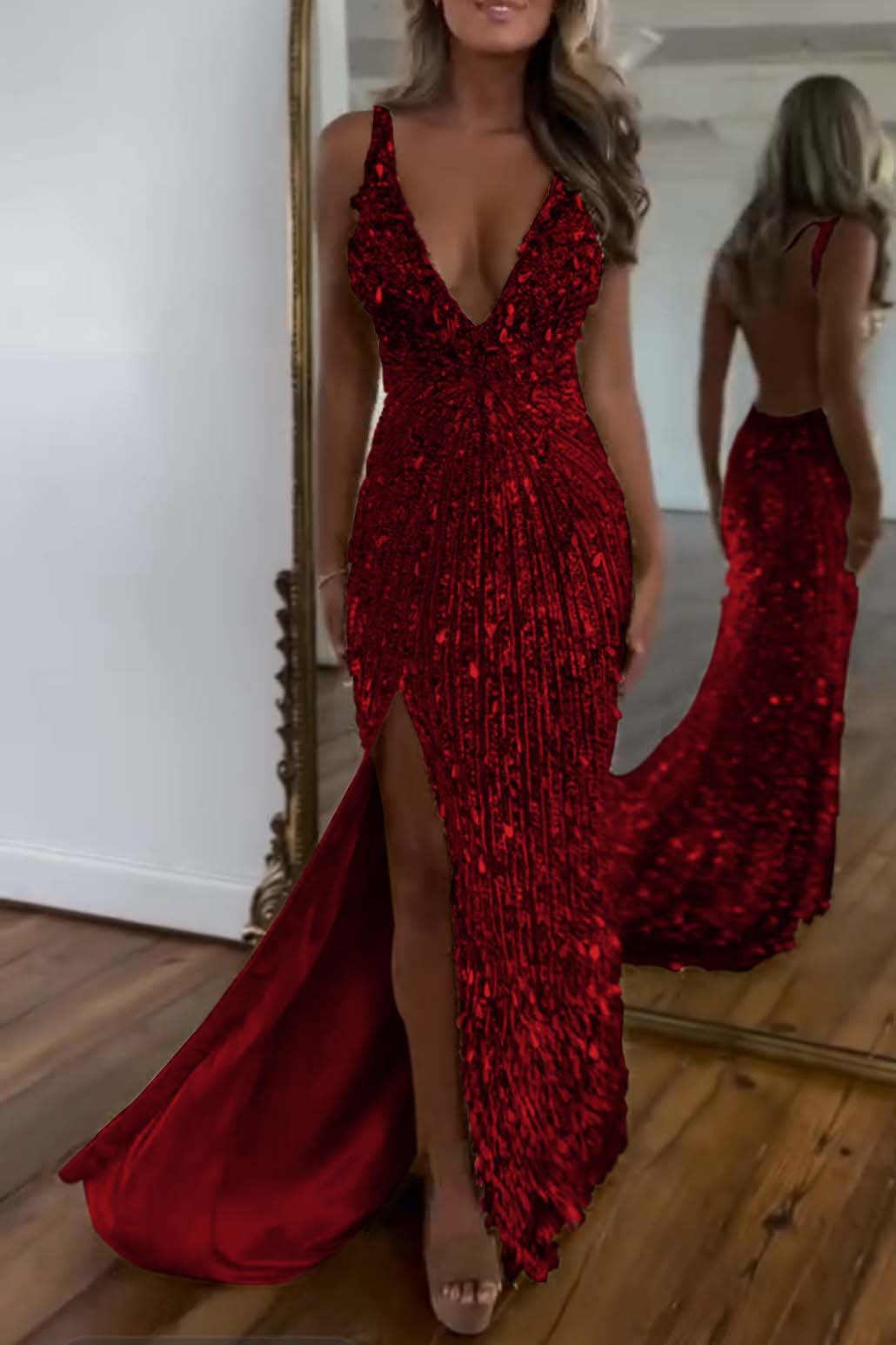 Charming Gold Sequins Spaghetti Strap Sleeveless V Neck Long Prom Dress with Split | Zelldresses