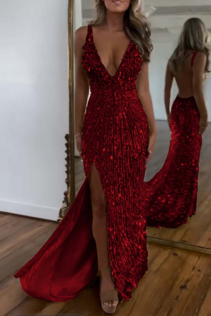 Charming Gold Sequins Spaghetti Strap Sleeveless V Neck Long Prom Dress with Split | Zelldresses