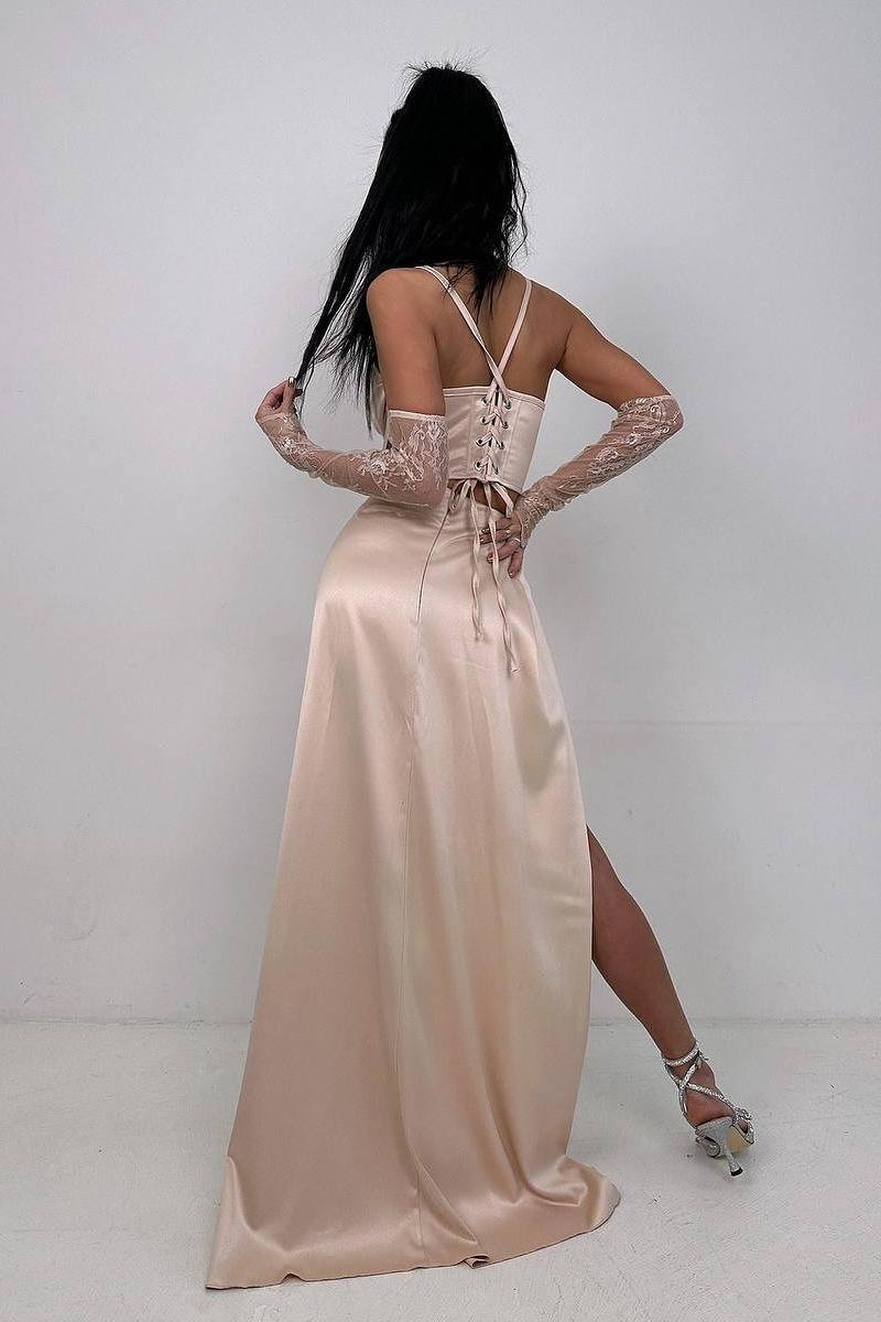 Chic Black Satin Halter Strapless Sleeveless Lace Split Prom Dress with Gloves | Zelldresses