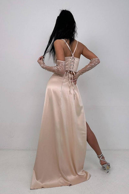 Chic Black Satin Halter Strapless Sleeveless Lace Split Prom Dress with Gloves | Zelldresses