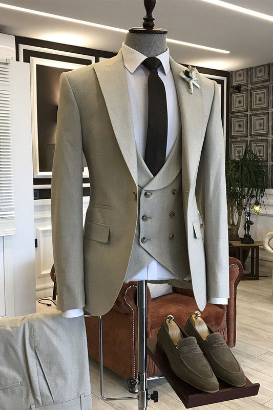 Double Breasted Light Brown Wedding Suit For Groom With Three Pieces | Zelldresses