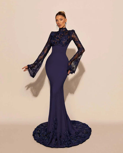 Luxurious Black High Neck Lace Long Sleeves Mermaid Prom Dress YK0572