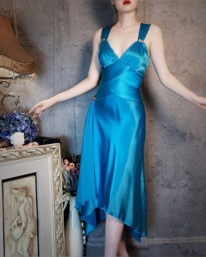 Elegant A Line Straps Blue Satin Party Dress Evening Dress SH2715
