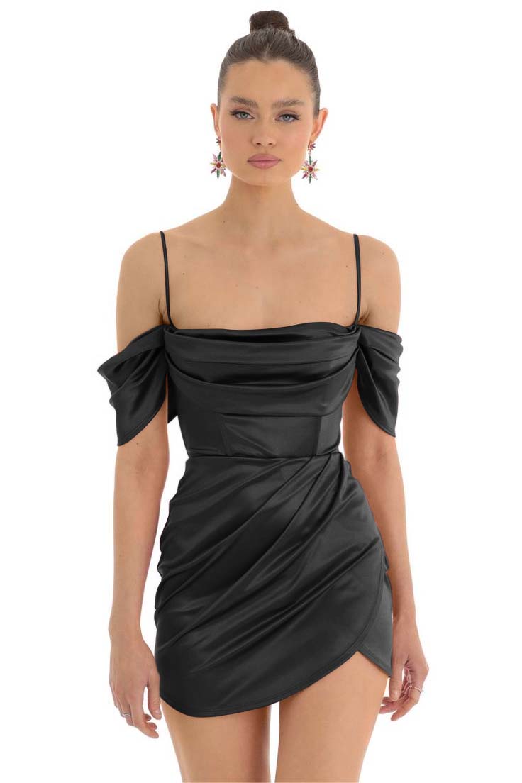 Hellodresses Simple Fuchsia Satin Spaghetti Strap Off the Shoulder Pleated Short Homecoming Dress