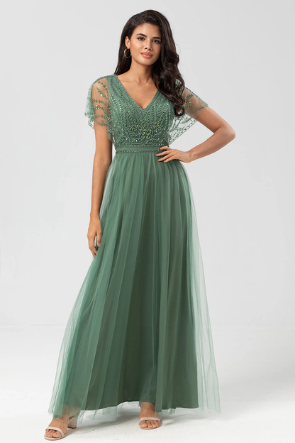 Green V Neck A Line Ankle Length Bridesmaid Dress with Lace YU0058