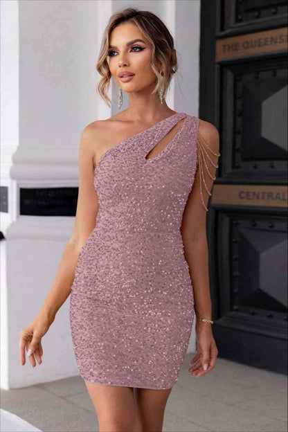 Sexy Champagne Sequins One Shoulder Short Homecoming Dress With Beadings HC0029