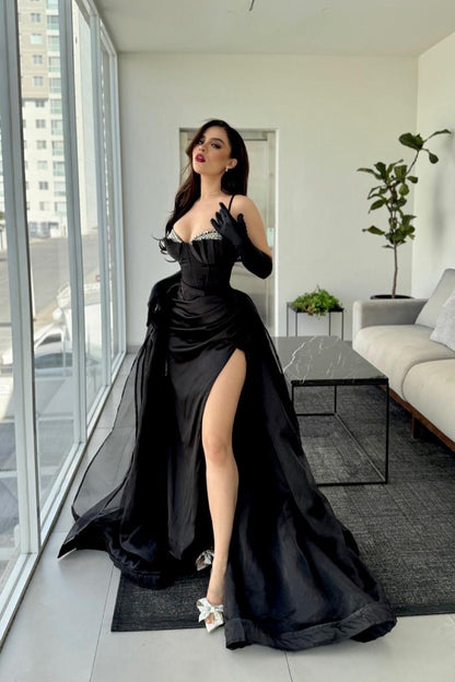 Charming Black Satin Halter Sleeveless Sweetheart Beaded Split Prom Dress with Gloves | Zelldresses