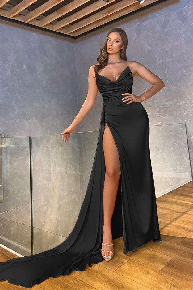 Yellow Satin Strapless Sleeveless Long Mermaid Pleated Split Prom Dress PD0495