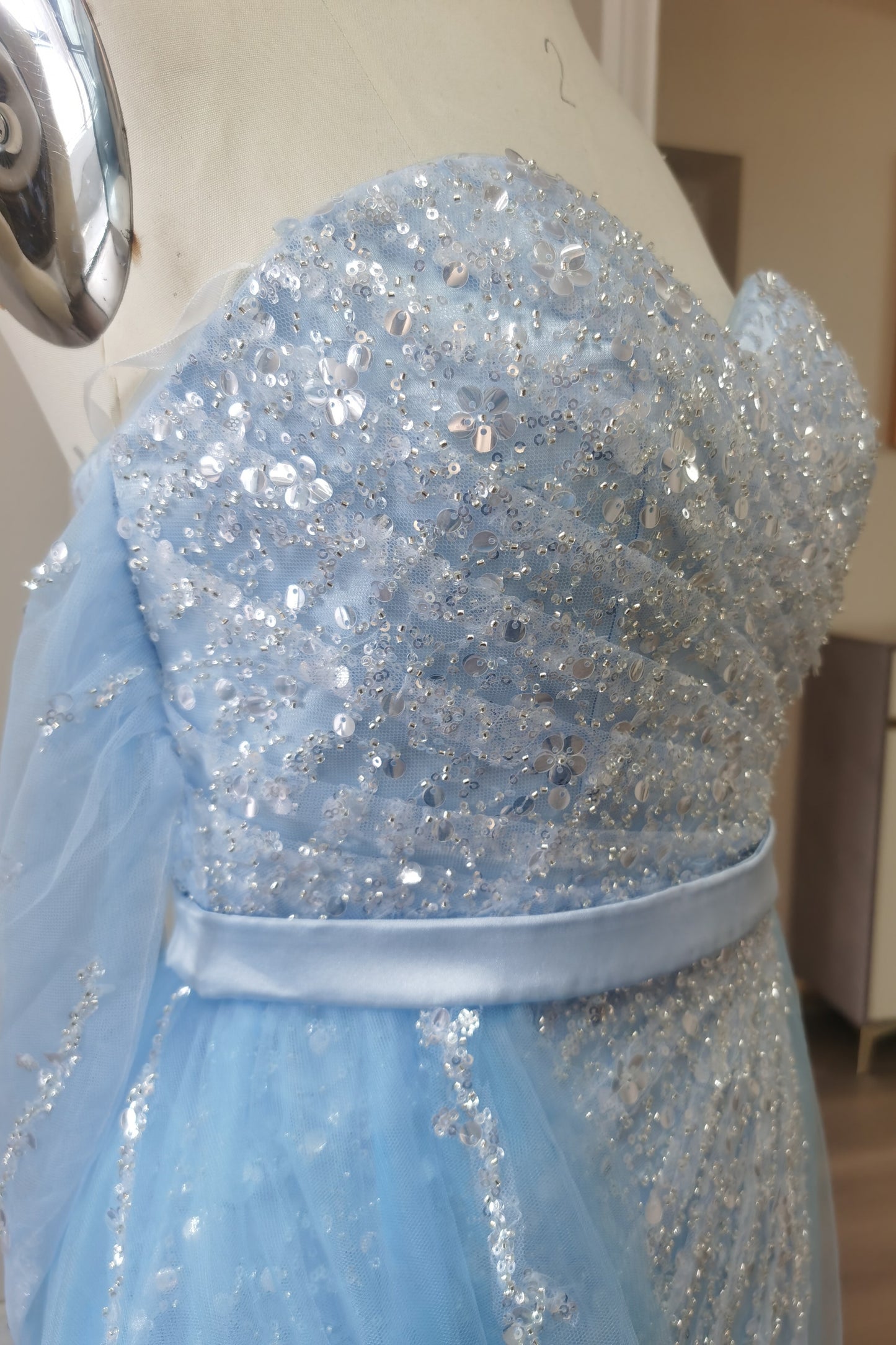 Off-the-Shoulder Sky Blue Prom Dress Sequins with Slit PD0576