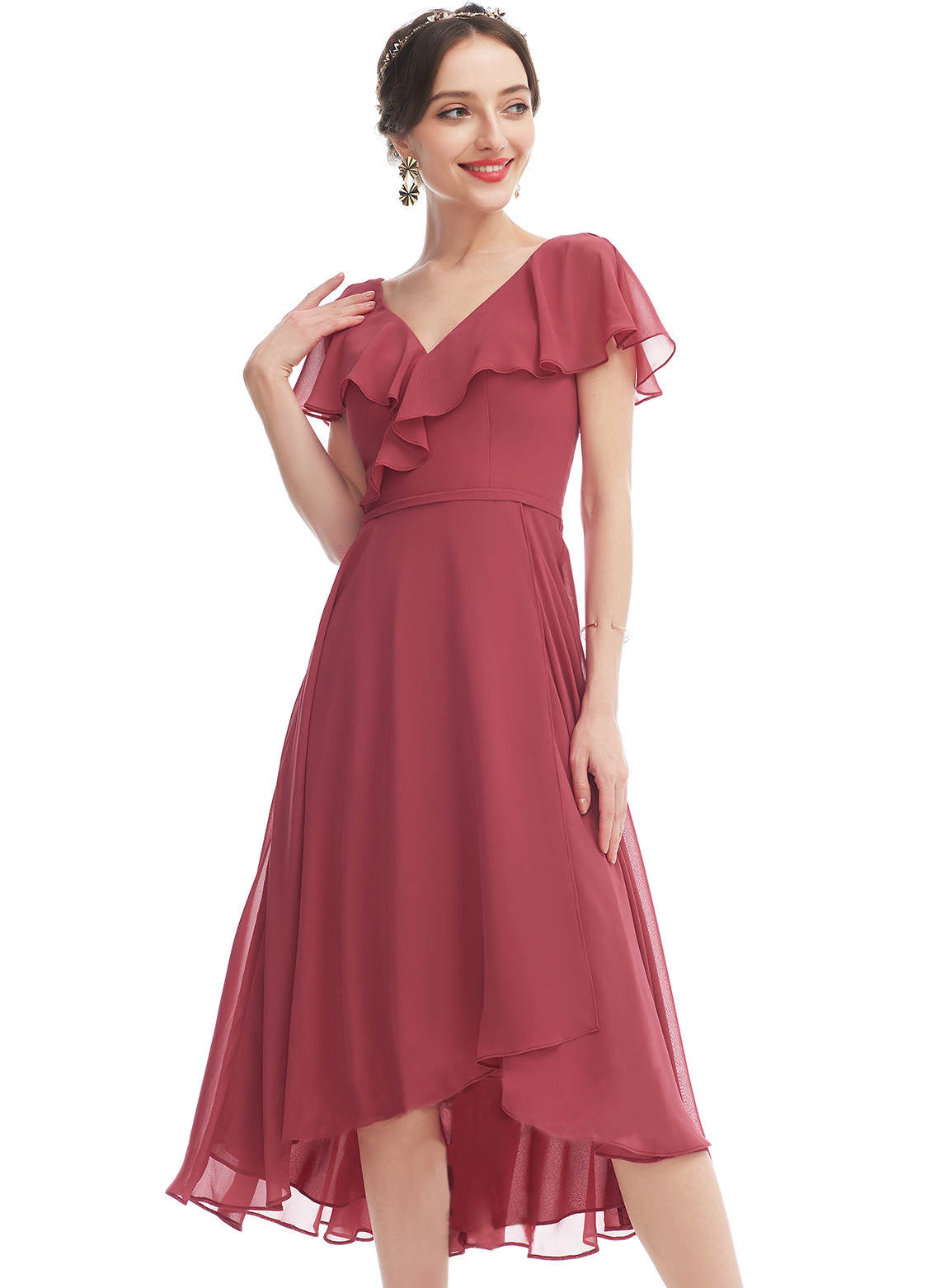 Simple Mulberry Chiffon V Neck Ruffled Short Sleeves Mid Bridesmaid Dress SYYS058