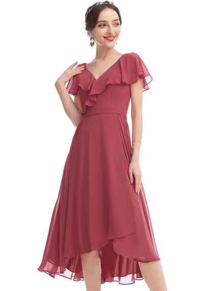 Simple Mulberry Chiffon V Neck Ruffled Short Sleeves Mid Bridesmaid Dress SYYS058