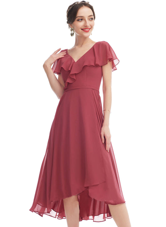 Simple Mulberry Chiffon V Neck Ruffled Short Sleeves Mid Bridesmaid Dress SYYS058
