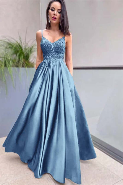 Royal Blue Prom Dress Lace Appliques With Pockets PD0209