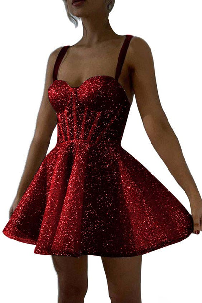 Hellodresses White Sequins Spaghetti Strap Sleeveless A Line Short Homecoming Dress