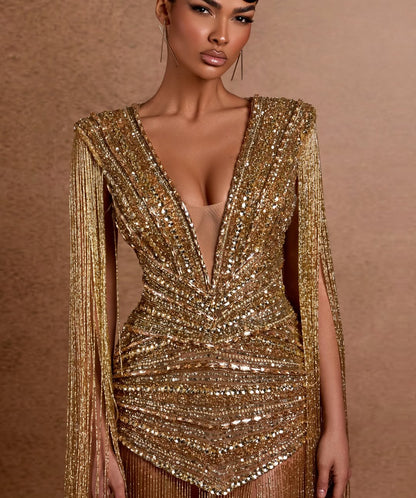 Glamorous Gold Deep V-Neck Fringe Sequins Mini Homecoming Dress YK0203