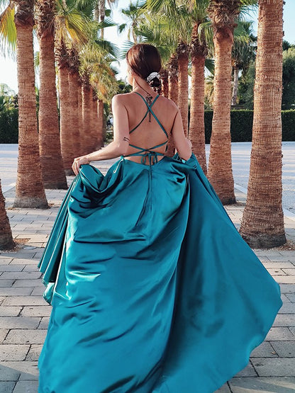 Spaghetti-Straps Dark Green Prom Dress With Split | Zelldresses