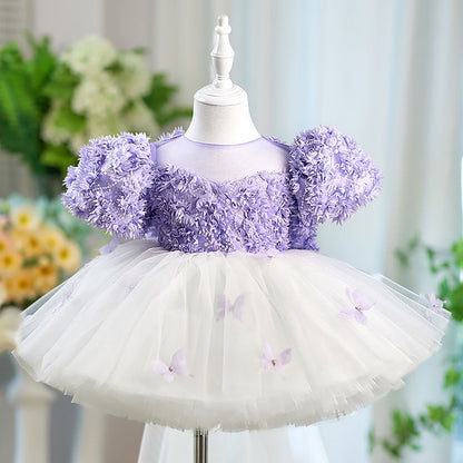 Butterfly Tulle Bowed Flower Girl Dress Knee-Length J554
