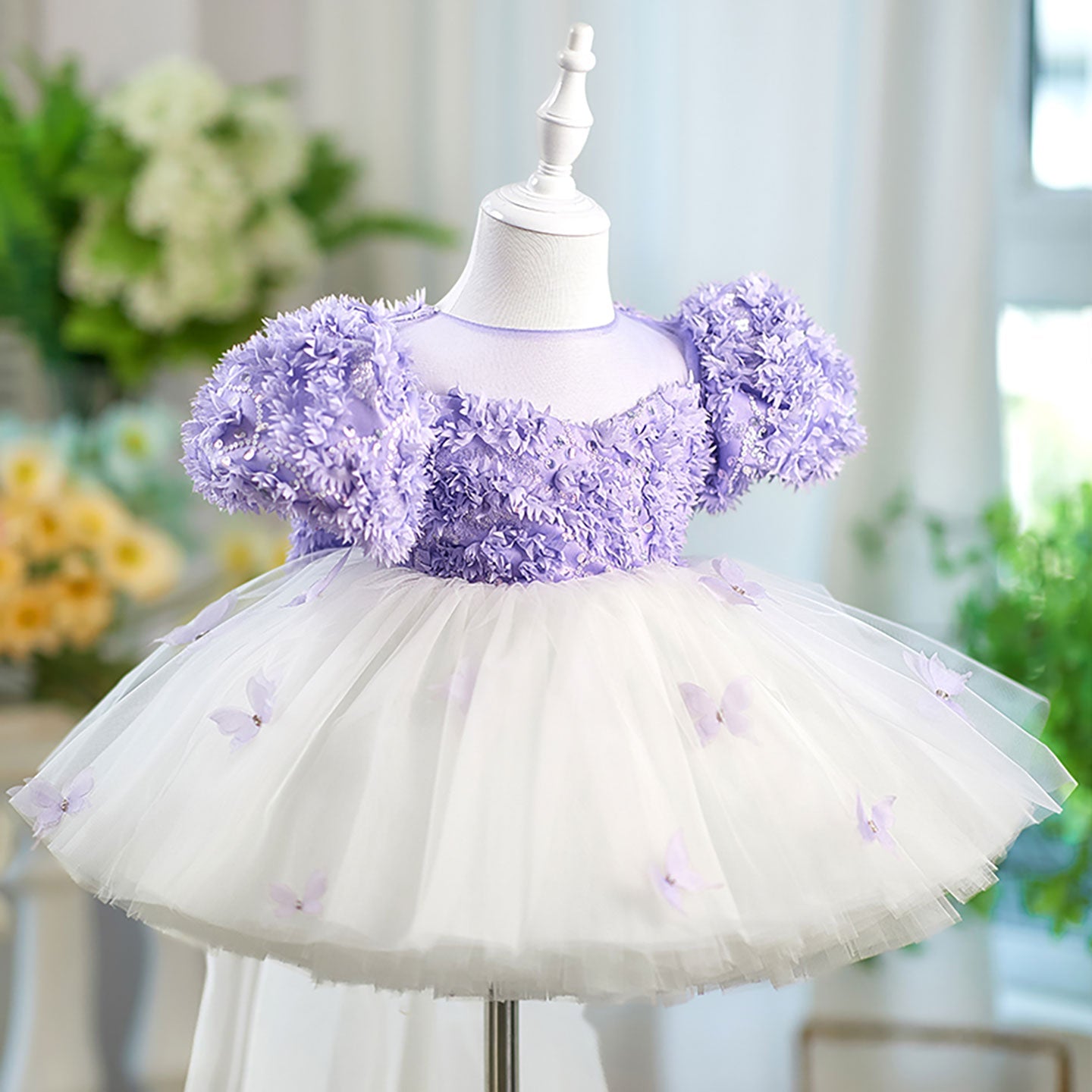 Butterfly Tulle Bowed Flower Girl Dress Knee-Length J554